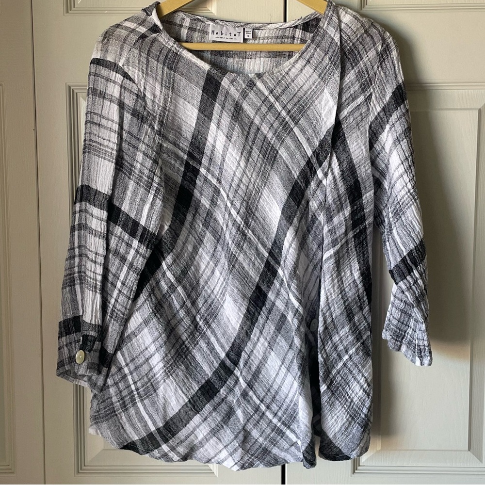 Habitat | Lagenlook boho tunic blouse. 3/4 sleeve Plaid. Relaxed. Medium. Linen
